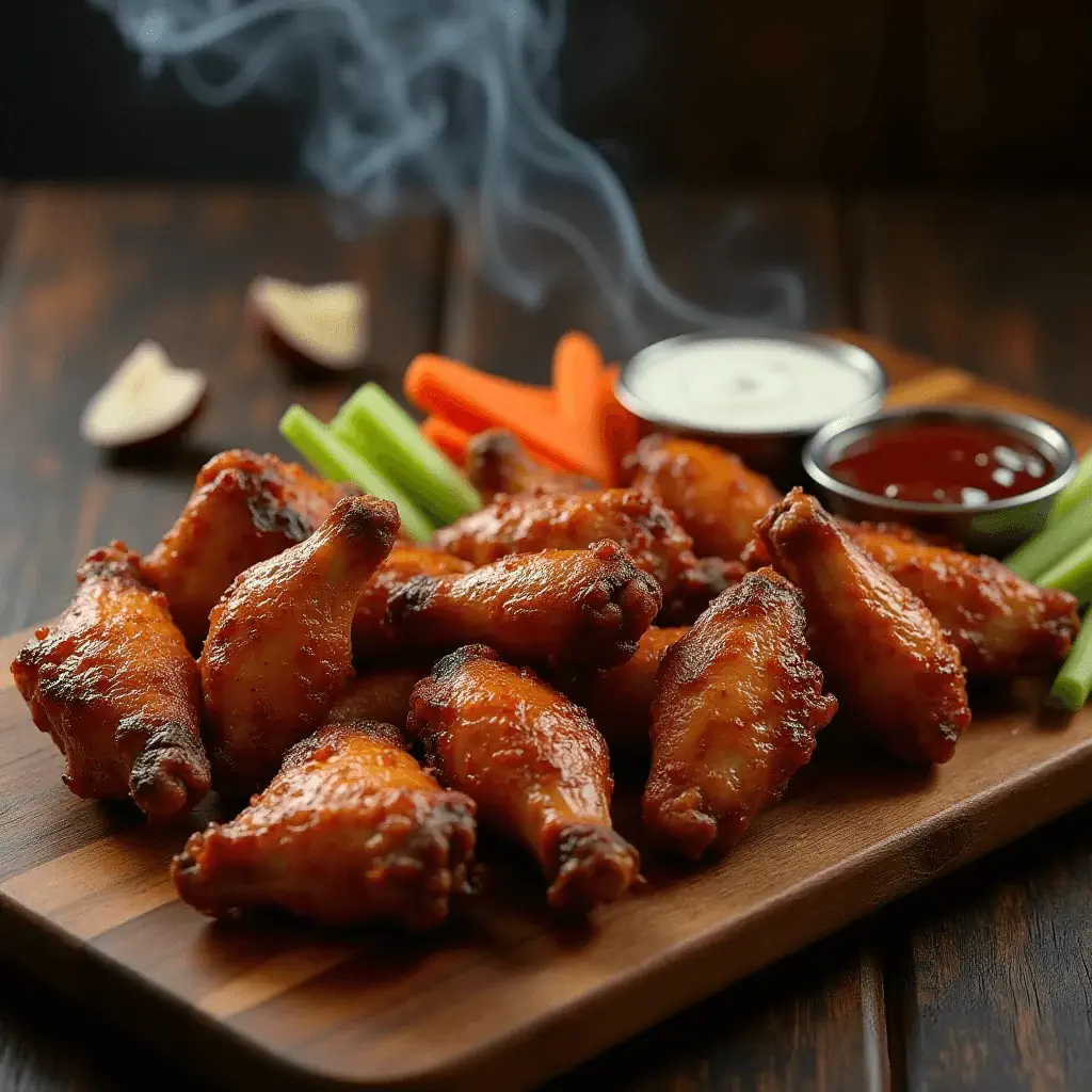 crispy smoked chicken wings, accompanied by celery and carrot sticks, ranch dressing, and barbecue sauce, with steam rising in the background.