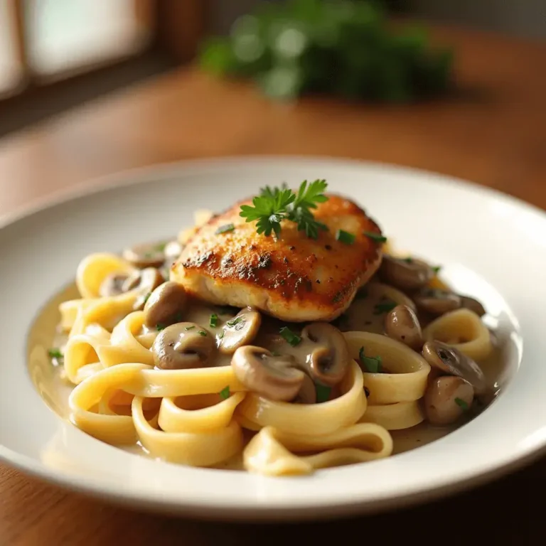 fettuccine pasta topped with creamy mushroom sauce and a seared chicken breast, garnished with fresh parsley