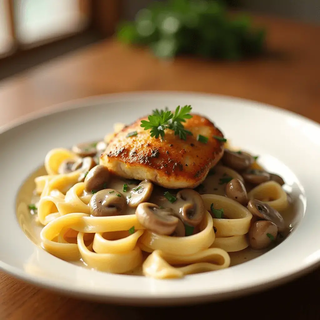 fettuccine pasta topped with creamy mushroom sauce and a seared chicken breast, garnished with fresh parsley