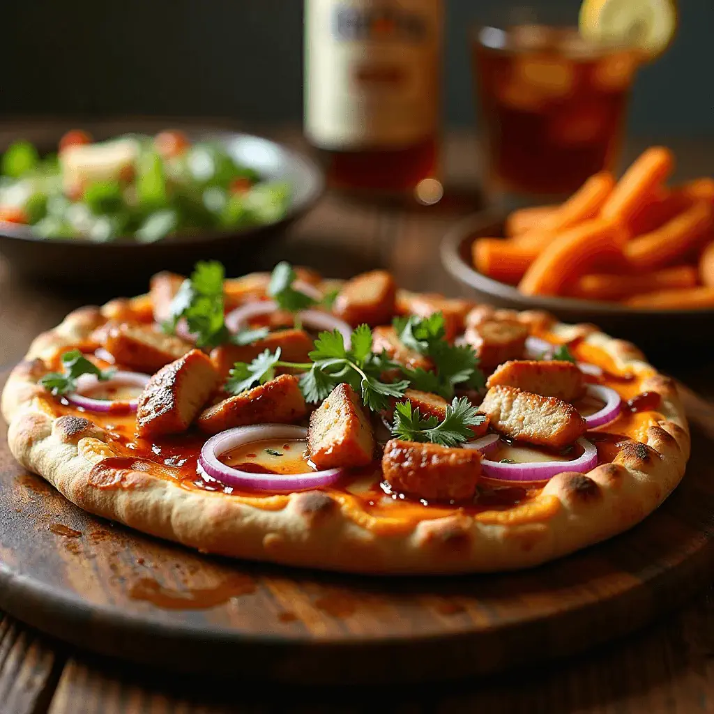 chicken flatbread topped with grilled chicken pieces, red onion slices, fresh cilantro, and barbecue sauce, served on a wooden board with a side of carrots and salad.