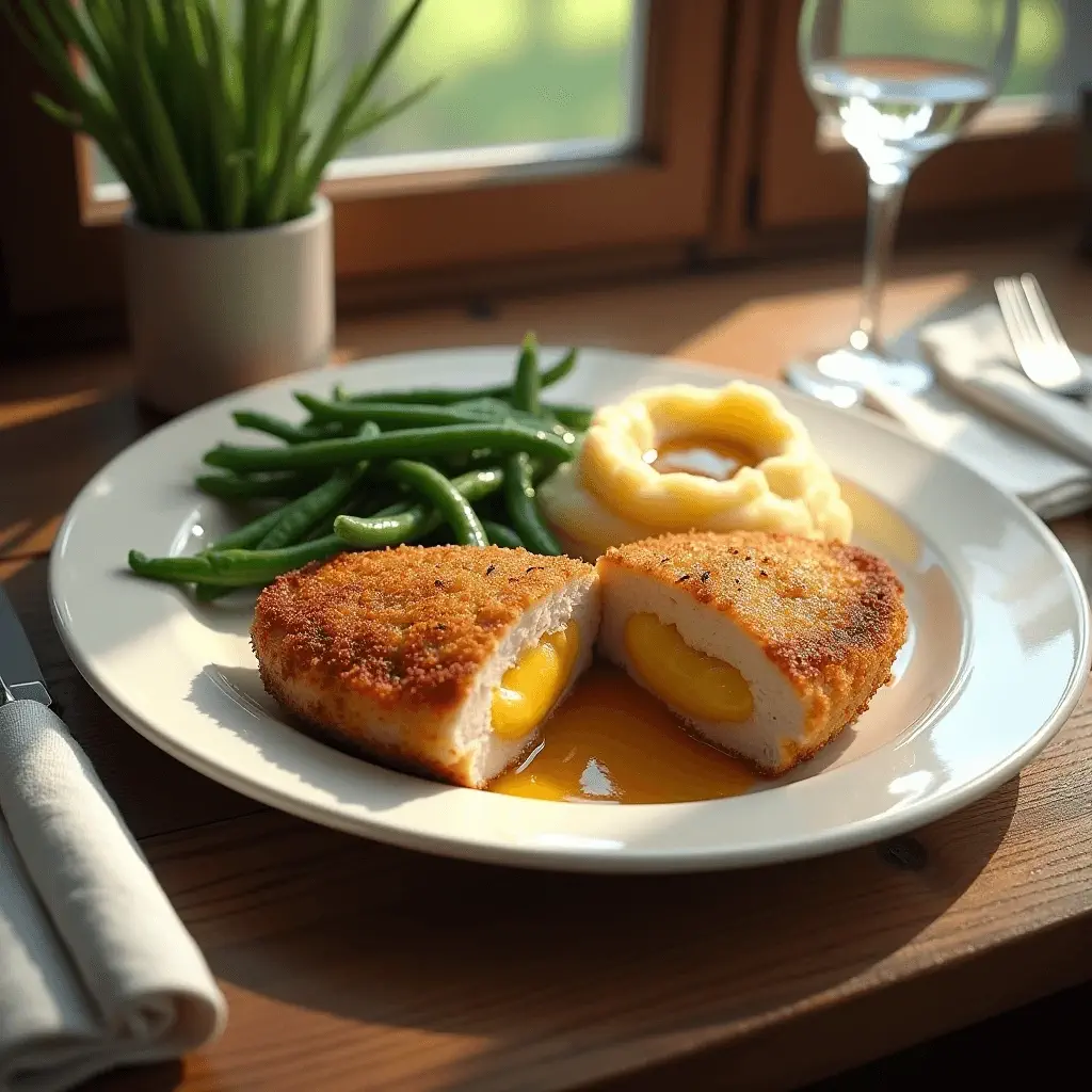 Chicken Kiev Frozen cut in half showing molten butter filling, served with green beans and mashed potatoes with gravy, set on a sunlit dining table.
