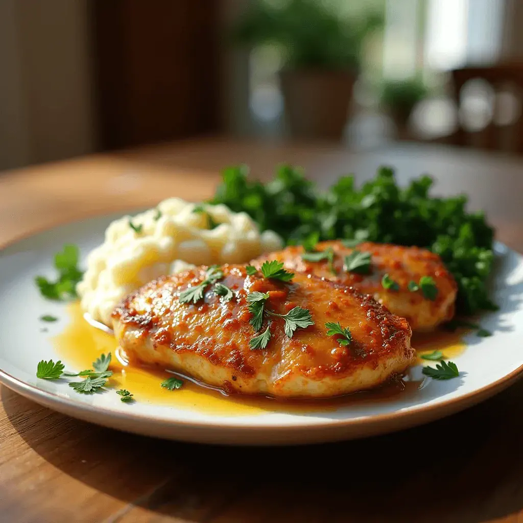 A plate of garlic butter chicken breasts, garnished with fresh parsley, served with creamy mashed potatoes and a side of steamed greens.