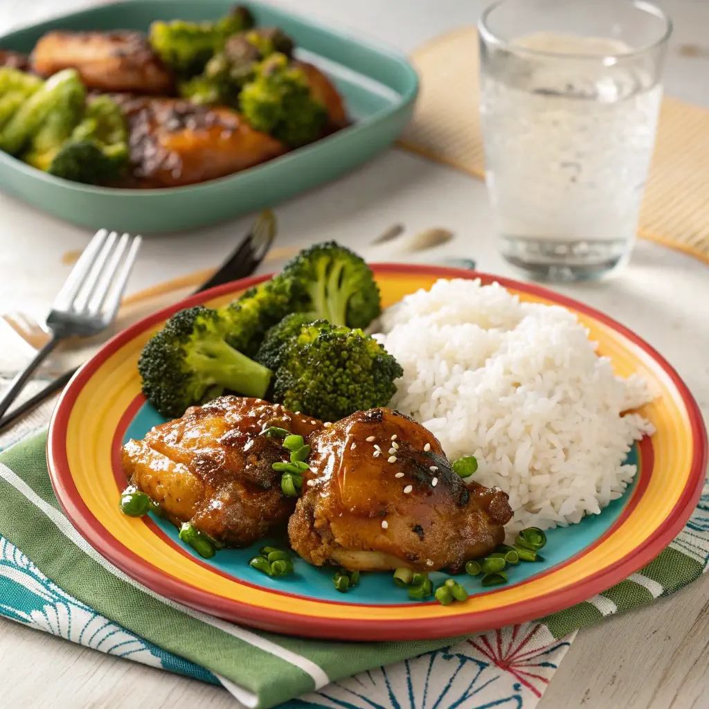 Honey garlic chicken thighs plated with rice and broccoli.