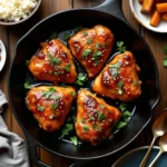 honey garlic chicken thighs garnished with sesame seeds and parsley in a cast iron skillet