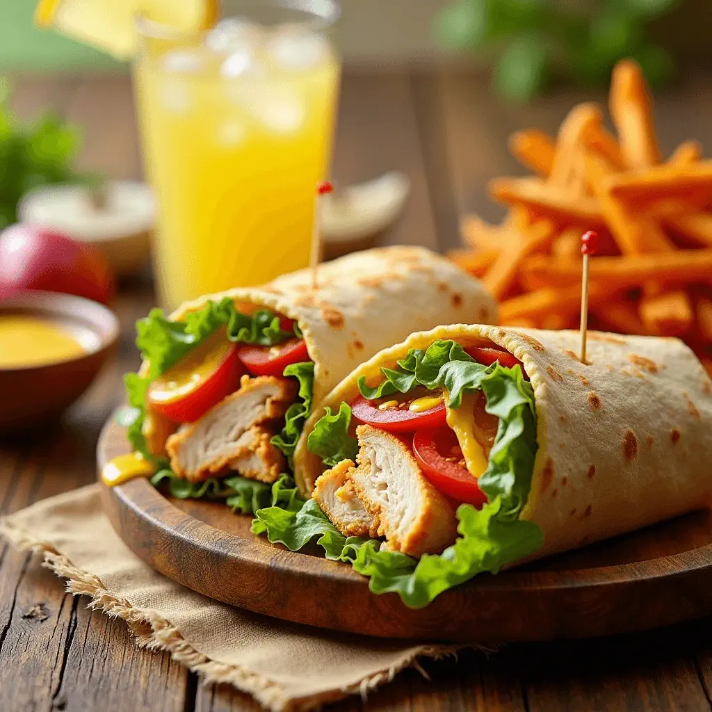 Honey mustard chicken wrap served with sweet potato fries and a glass of orange juice.