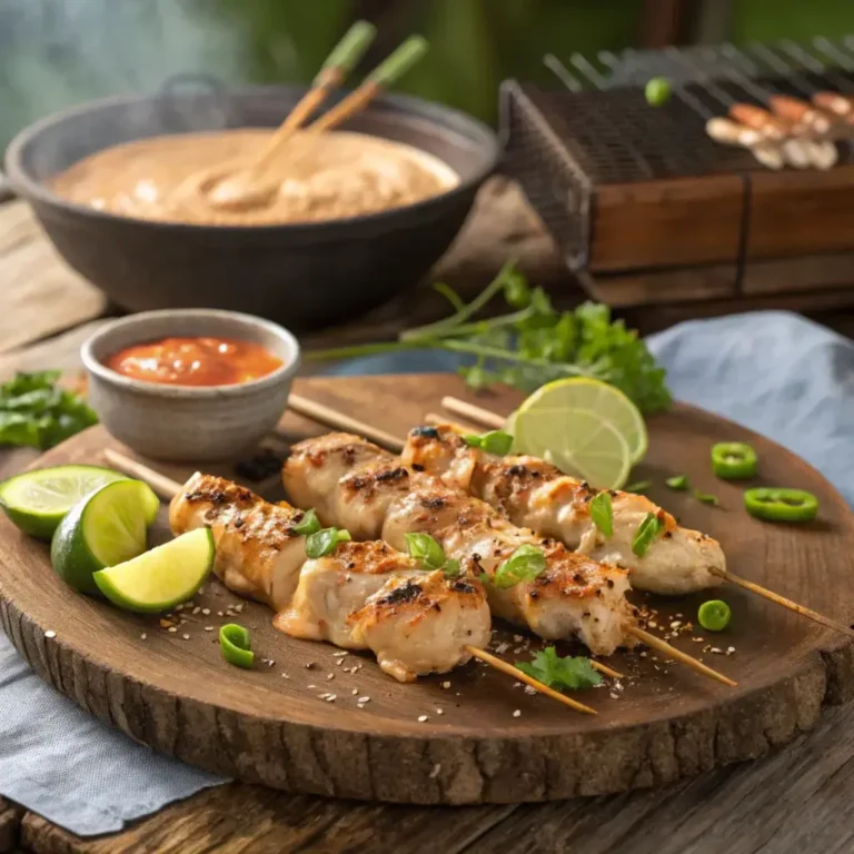 Grilled Bang Bang Chicken Skewers topped with creamy Bang Bang sauce, garnished with green onions and sesame seeds, served with lime wedges