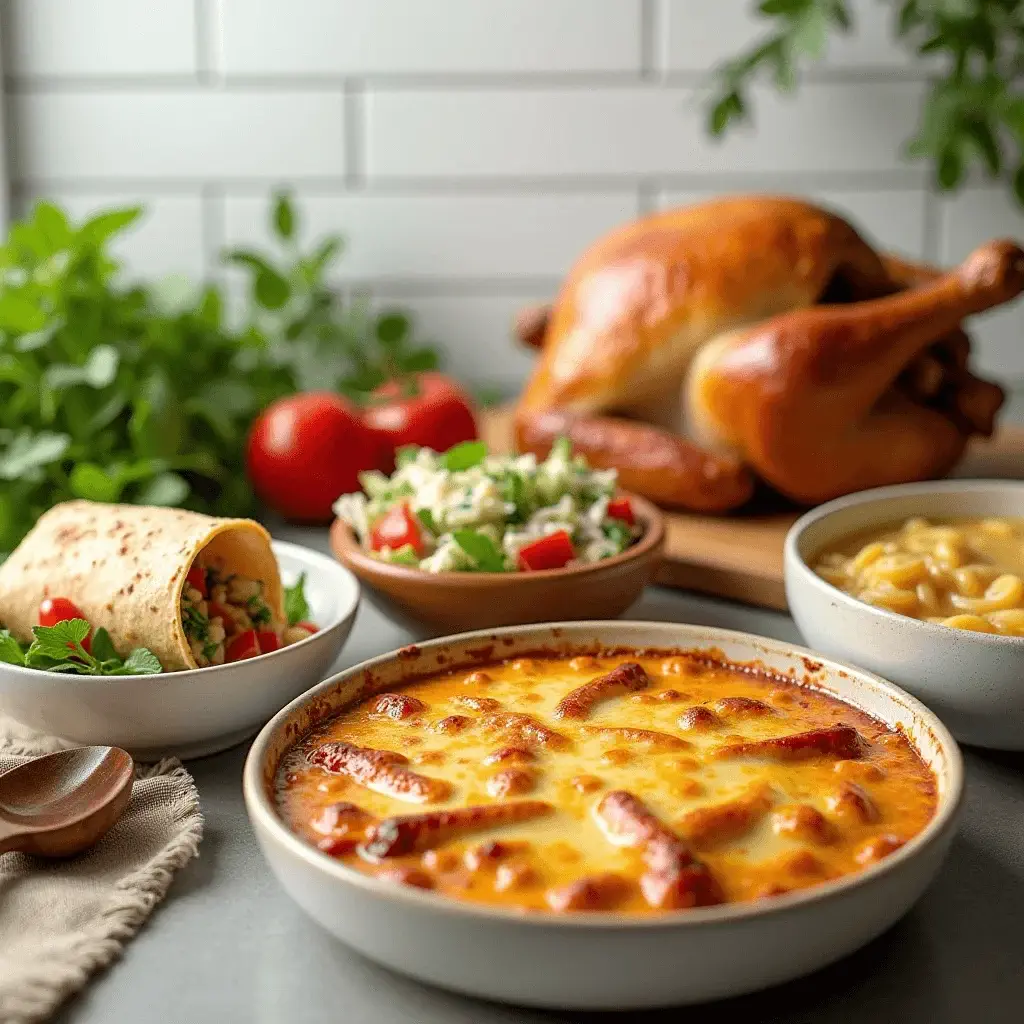 A spread featuring a golden baked casserole, a whole rotisserie chicken, a bowl of macaroni and cheese, a fresh salad, and a tortilla wrap filled with greens and tomatoes.