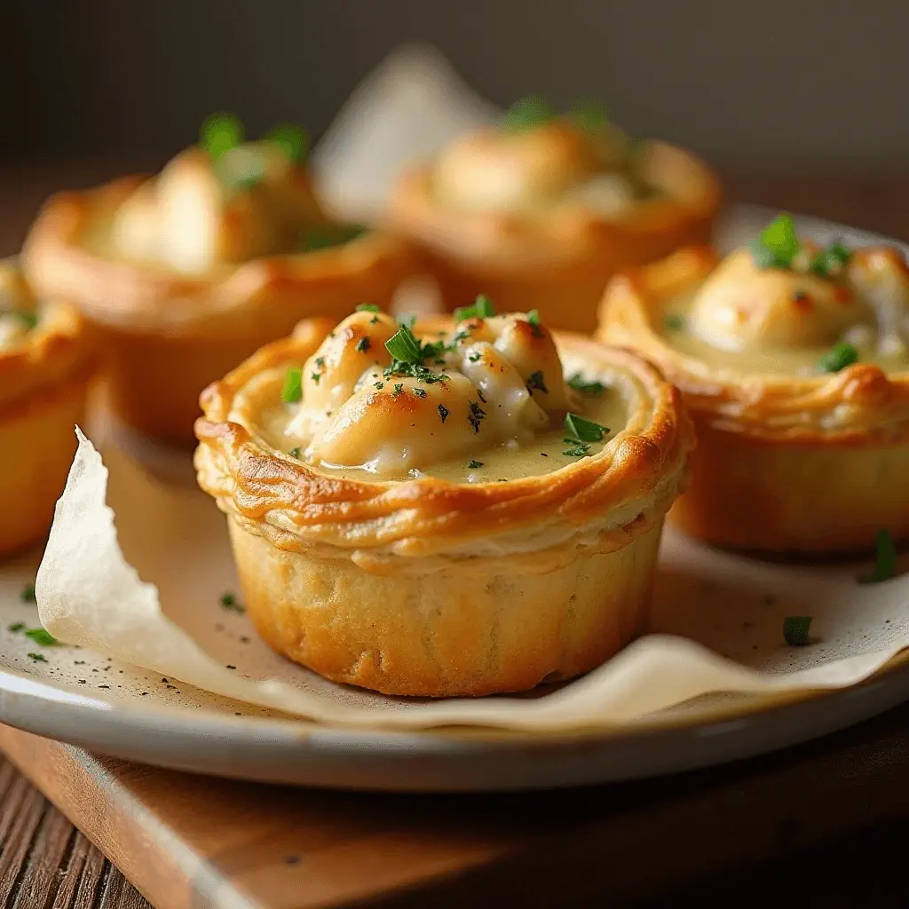 Mini chicken pot pies on a plate, topped with creamy sauce and garnished with fresh herbs, served on a wooden table.