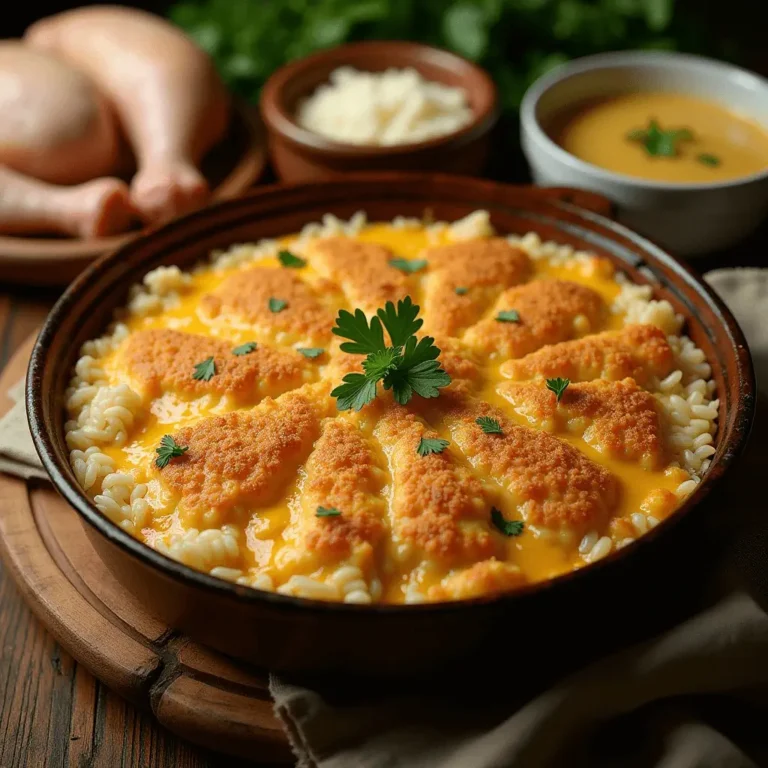 Chicken and rice casserole topped with breaded chicken cutlets and creamy cheese sauce, garnished with parsley