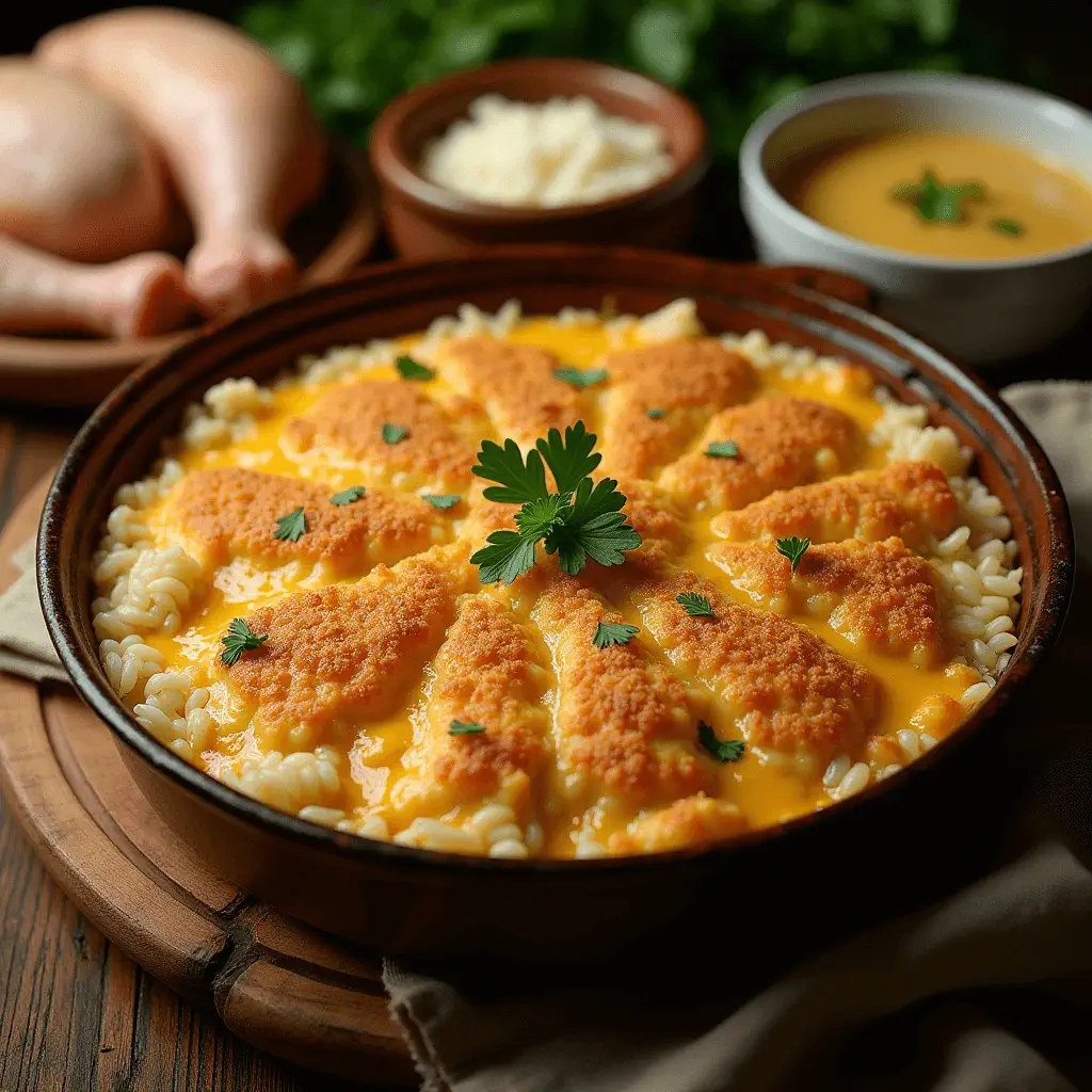 Chicken and rice casserole topped with breaded chicken cutlets and creamy cheese sauce, garnished with parsley