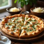 chicken Alfredo pizza topped with creamy Alfredo sauce, tender chicken pieces, and garnished with parsley, served on a wooden pizza board.