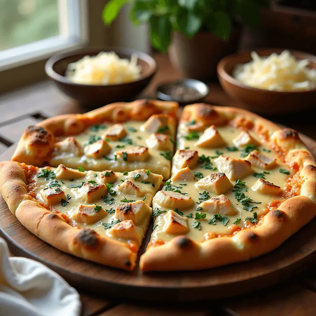 chicken Alfredo pizza topped with creamy Alfredo sauce, tender chicken pieces, and garnished with parsley, served on a wooden pizza board.