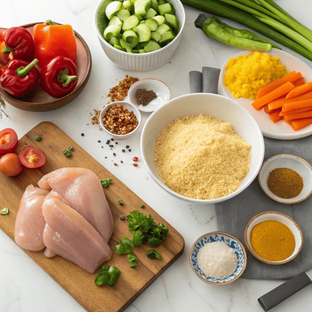 Ingredients for chicken couscous on a kitchen counter.