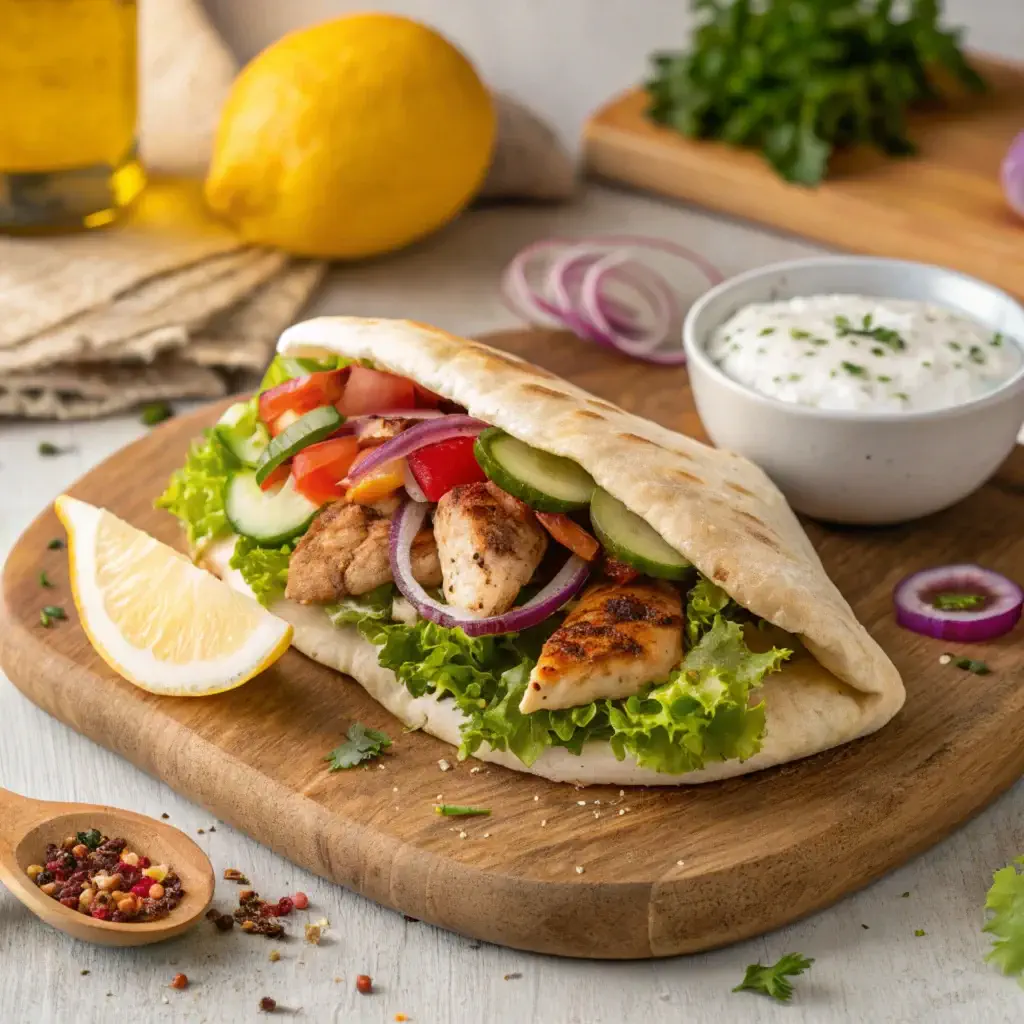 A chicken pita with grilled chicken, fresh vegetables, and tzatziki sauce, served on a rustic wooden board with lemon wedges and hummus in a Mediterranean-style setting.
