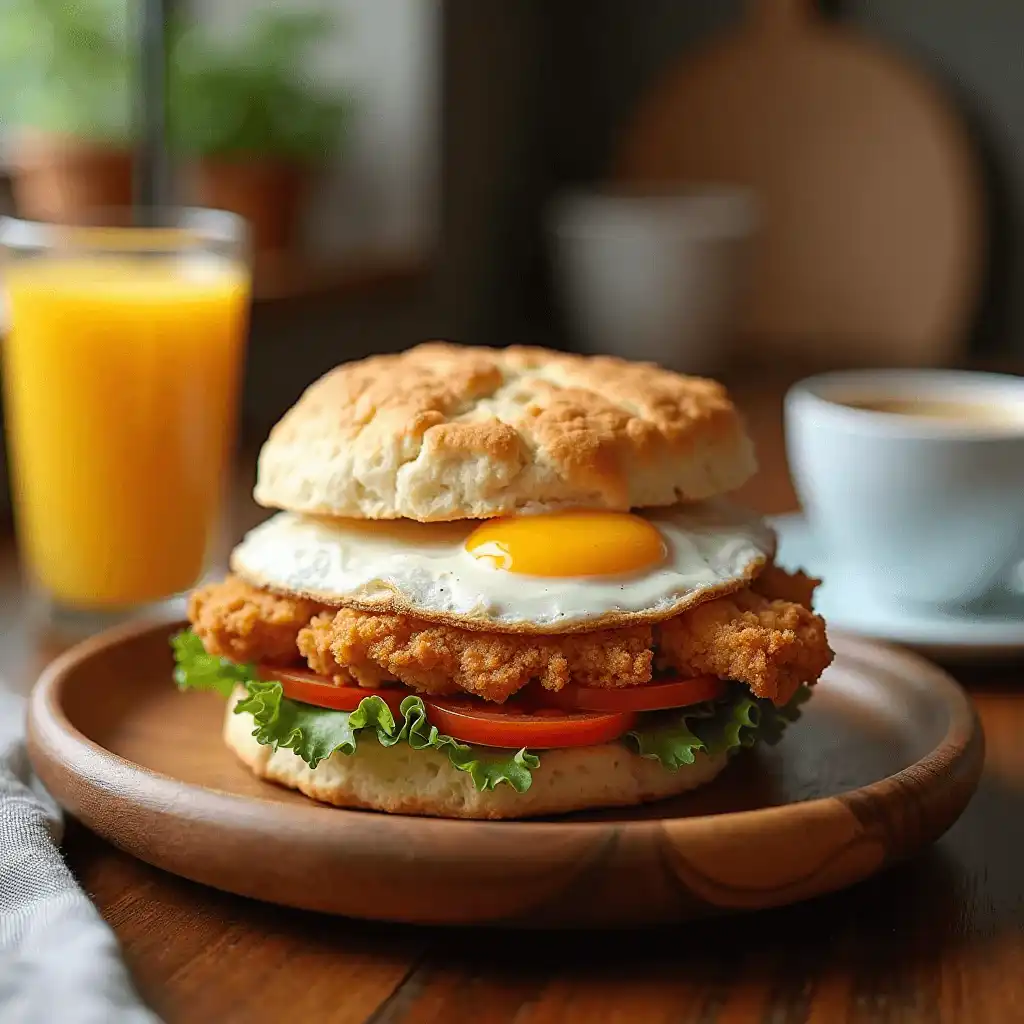 A chicken breakfast sandwich with a sunny-side-up egg, lettuce, and tomato, served on a flaky biscuit with orange juice and coffee.