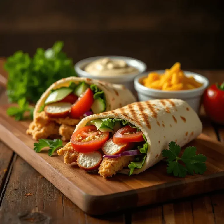 Crispy shawarma chicken wraps filled with fresh lettuce, tomato slices, cucumber, and red onion, served on a wooden board with dipping sauce and cheese on the side.