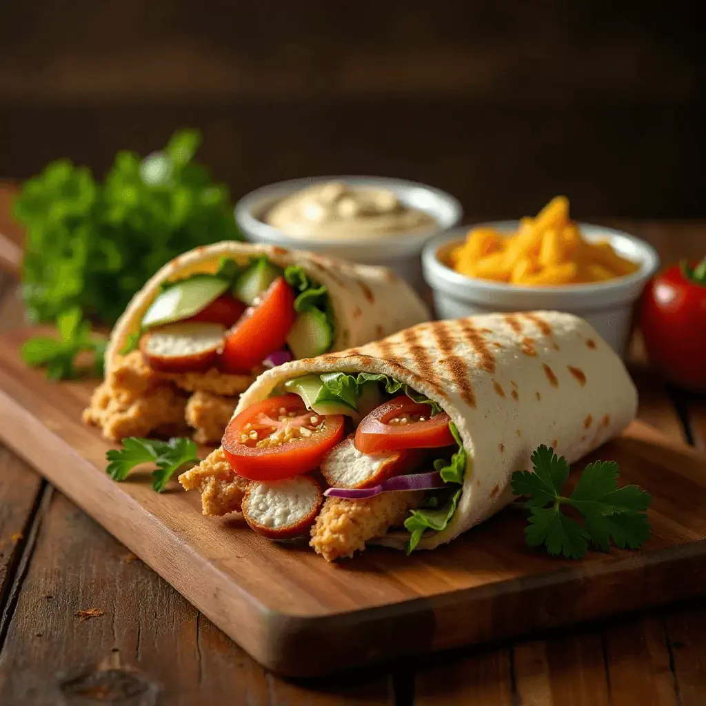 Crispy shawarma chicken wraps filled with fresh lettuce, tomato slices, cucumber, and red onion, served on a wooden board with dipping sauce and cheese on the side.