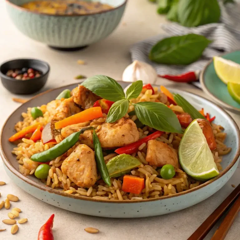Thai Basil Chicken Fried Rice with golden chicken pieces, colorful vegetables, and fresh basil leaves on a rustic plate. Garnished with lime and chili flakes, showcasing a glossy, slightly charred texture.