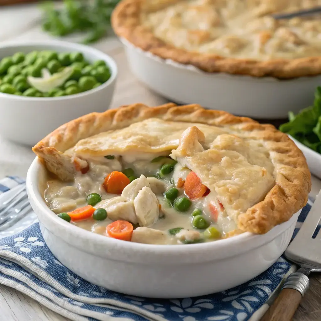 chicken pot pie with a golden-brown flaky crust, revealing a filling of tender chicken, peas, carrots, and white beans, served in a ceramic dish.