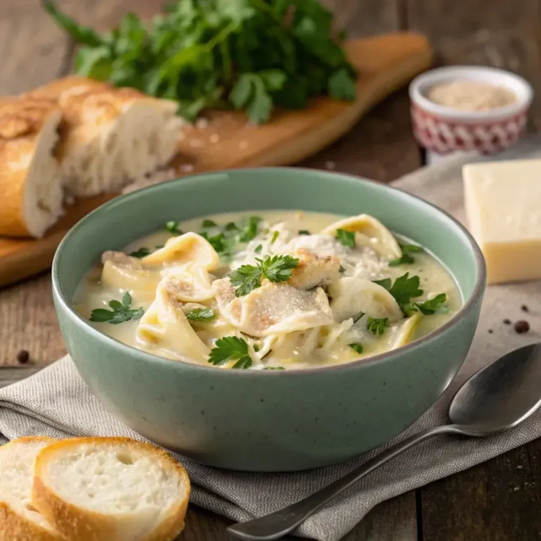 A bowl of Creamy Chicken Tortellini Soup: A Comforting Delight with tortellini, garnished with fresh parsley, served alongside slices of bread on a rustic wooden table.