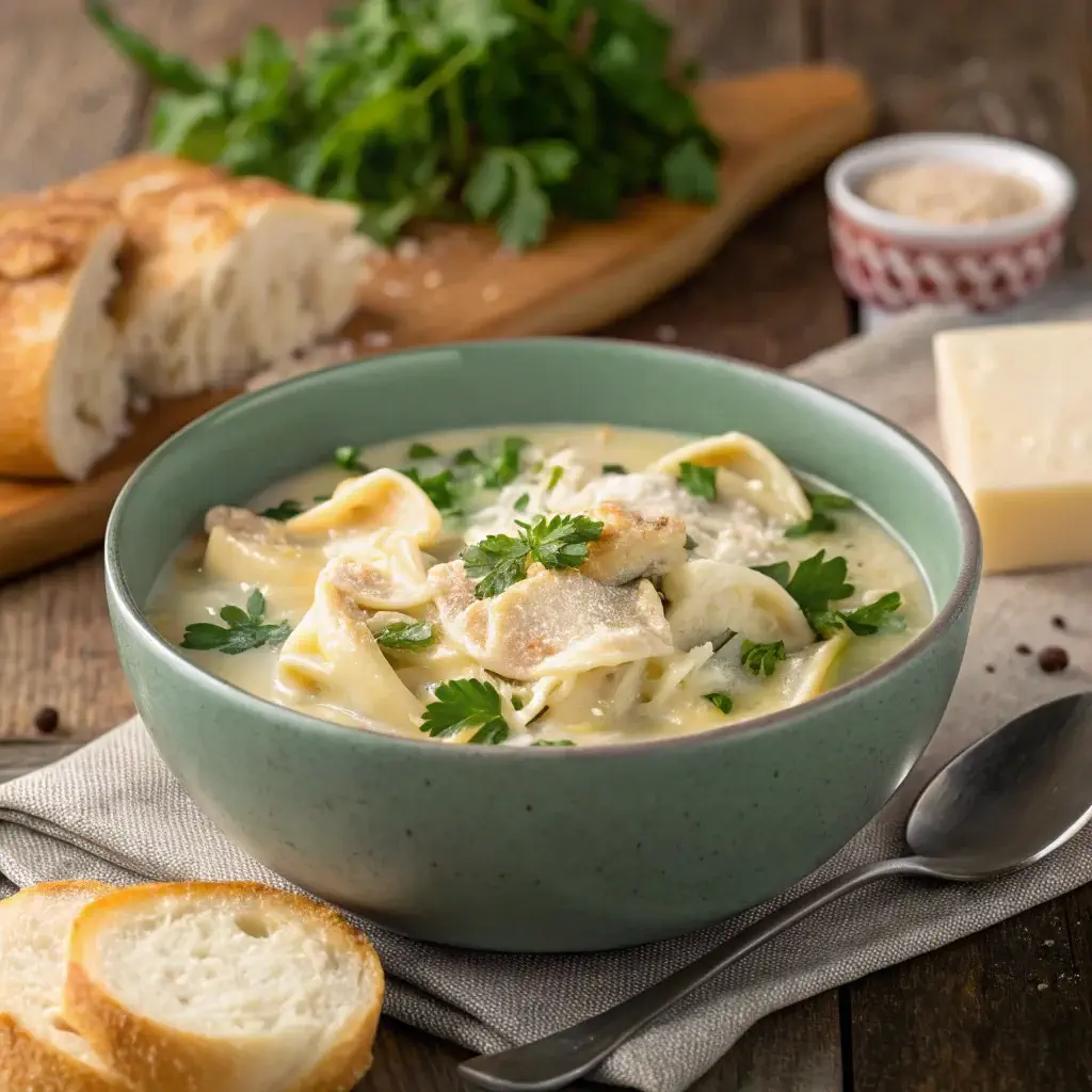 A bowl of Creamy Chicken Tortellini Soup: A Comforting Delight with tortellini, garnished with fresh parsley, served alongside slices of bread on a rustic wooden table.
