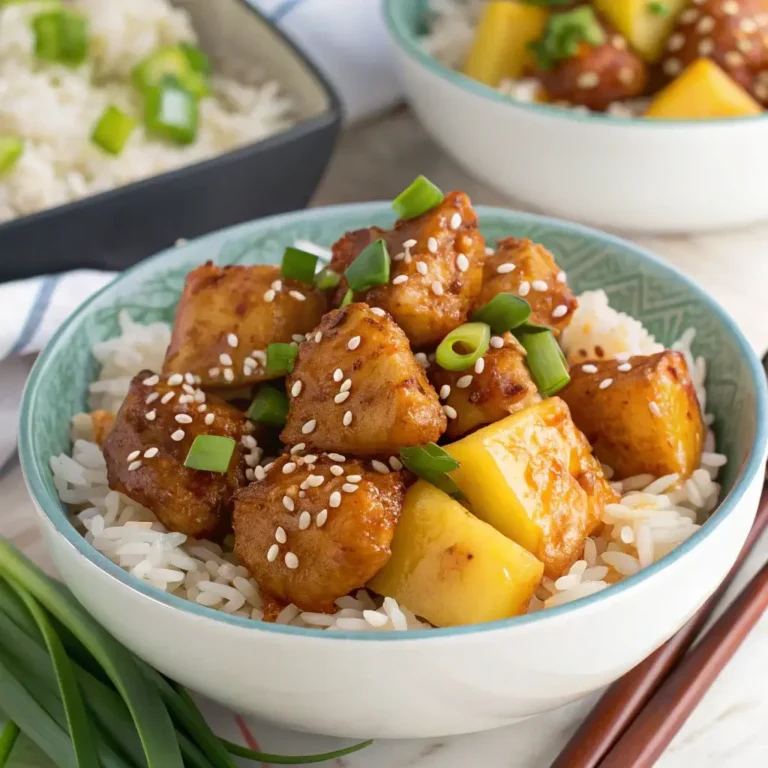 A bowl of pineapple teriyaki chicken with bite-sized chicken pieces glazed in teriyaki sauce, garnished with sesame seeds and green onions, served with rice and grilled pineapple chunks.