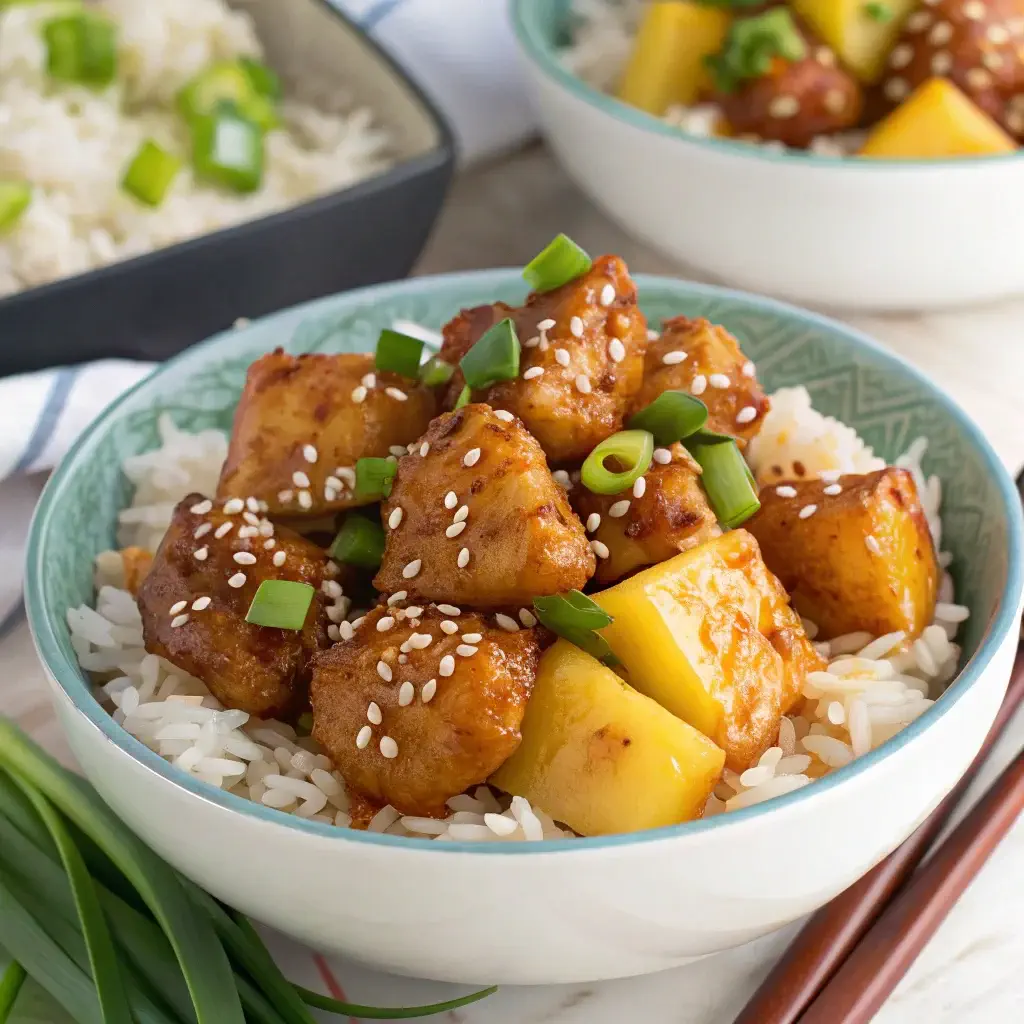 A bowl of pineapple teriyaki chicken with bite-sized chicken pieces glazed in teriyaki sauce, garnished with sesame seeds and green onions, served with rice and grilled pineapple chunks.