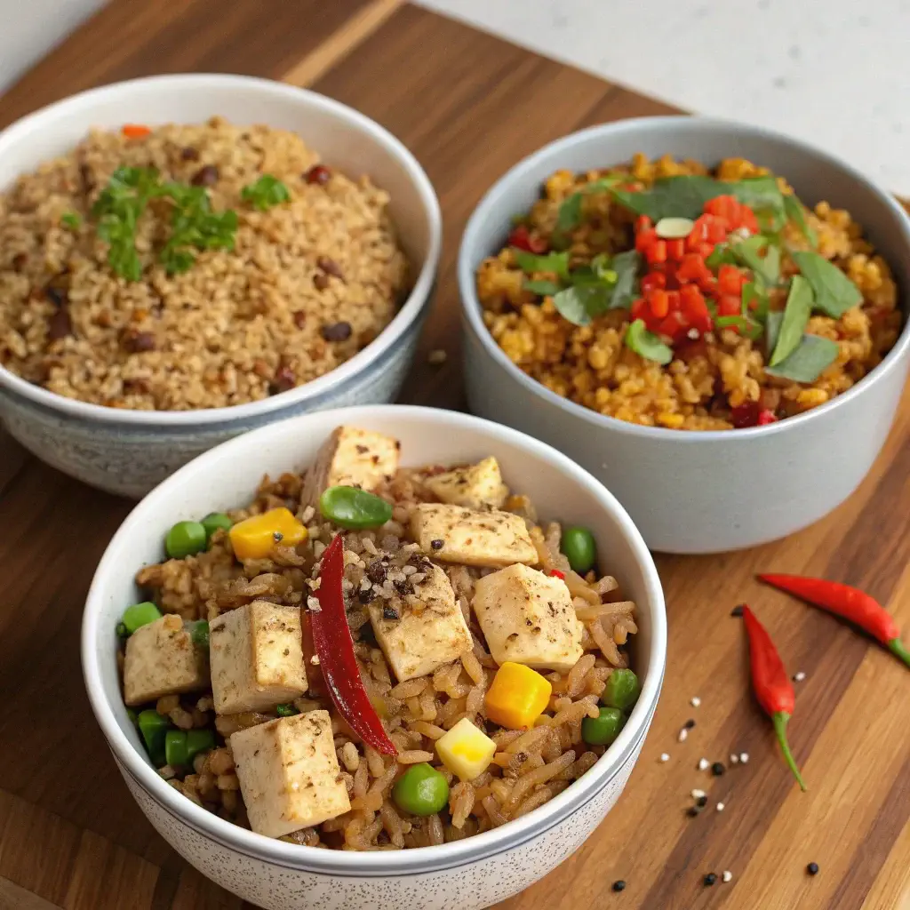 Three variations of Thai Basil Chicken Fried Rice – shrimp, vegetarian, and low-carb.