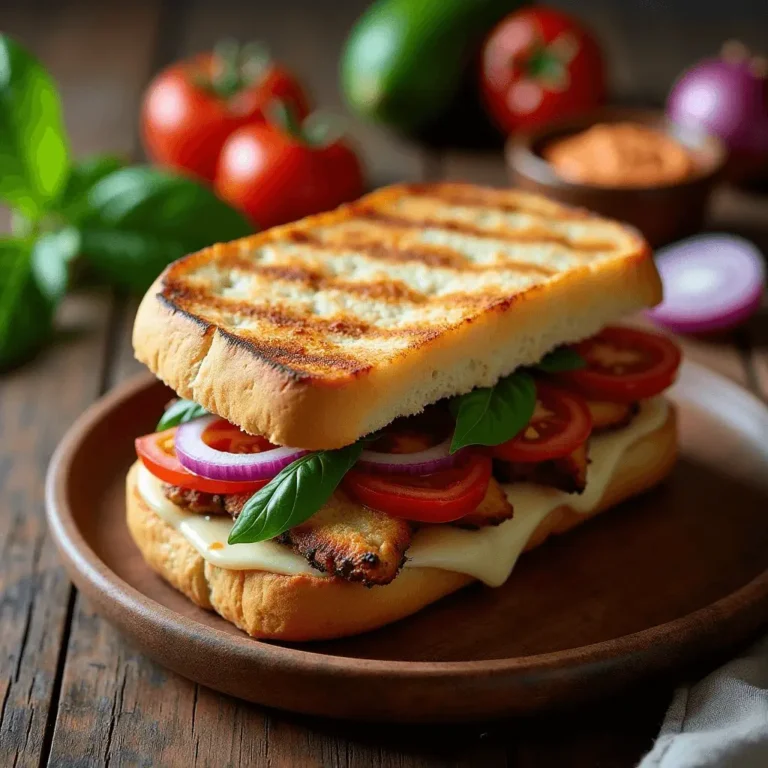 toasted Frontega chicken sandwich with melted cheese, fresh tomatoes, red onions, and basil on grilled bread, served on a wooden plate with ingredients in the background.