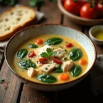 Tuscan chicken soup featuring tender chicken pieces, spinach leaves, cherry tomatoes, and couscous in a rich, golden broth, garnished with fresh parsley.