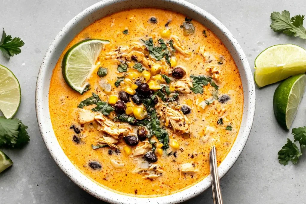 Creamy chicken poblano soup topped with corn, black beans, cilantro, and a lime wedge in a white speckled bowl.
