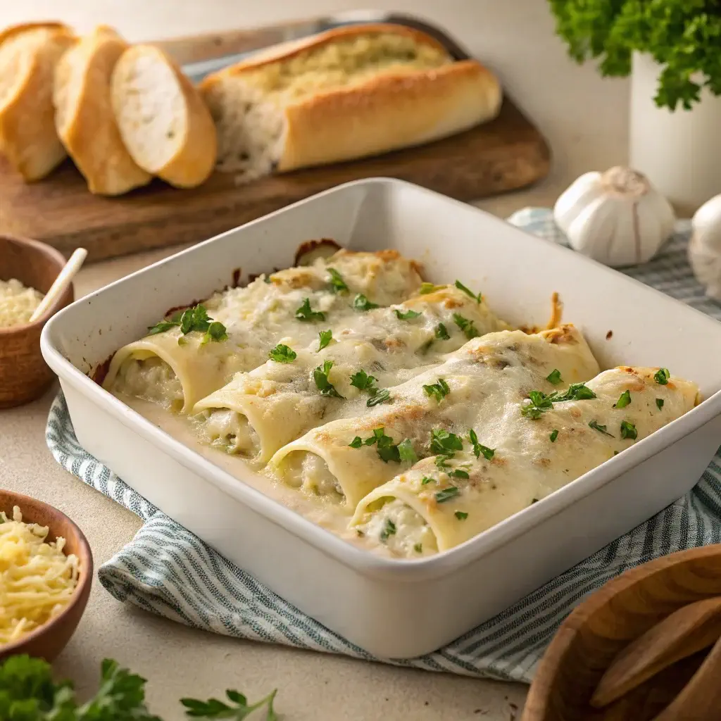 Baked Chicken Alfredo Lasagna Rolls with golden cheese topping