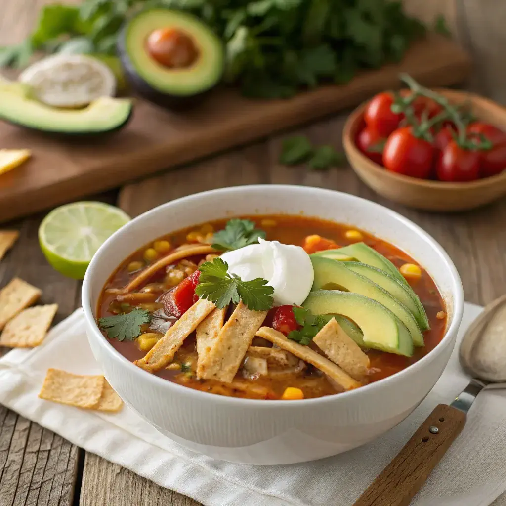 A bowl of healthy chicken tortilla soup with fresh garnishes on a rustic table.