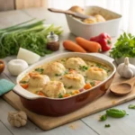 Chicken and dumpling casserole served in a rustic dish.