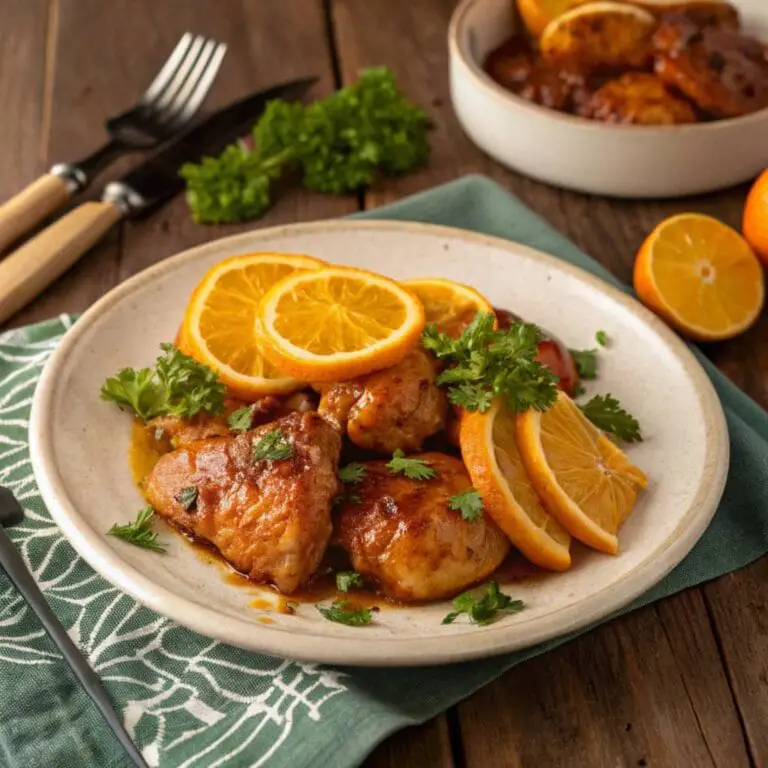 A plated dish of Orange Marmalade Chicken with garnish.