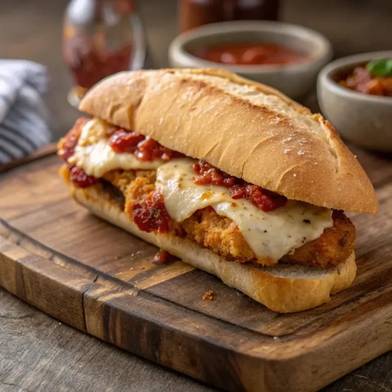 A chicken parmigiana sandwich with melted cheese and marinara sauce.