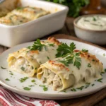 Chicken Alfredo Lasagna Rolls with melted cheese and creamy Alfredo sauce