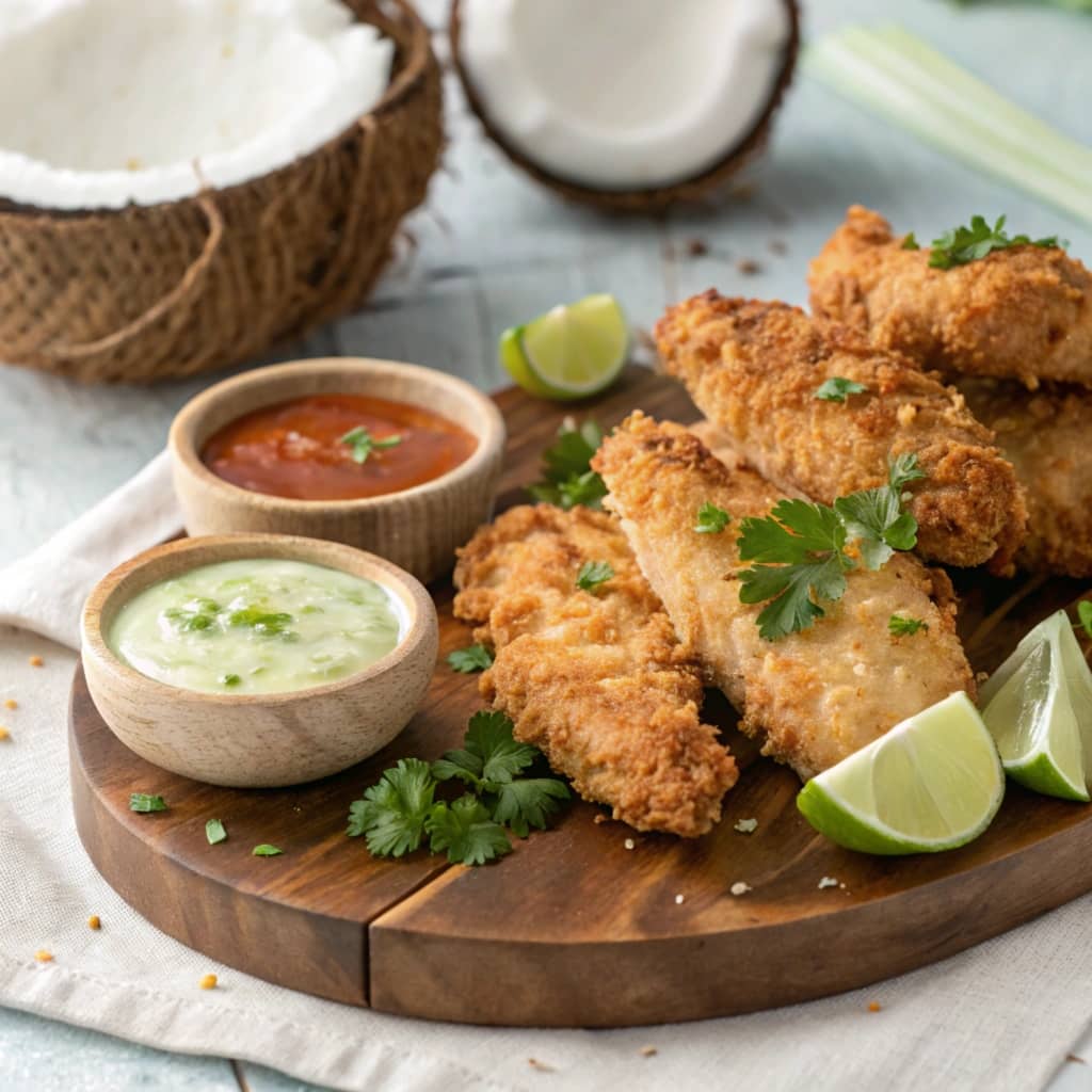 Golden-brown coconut chicken tenders with dipping sauces and tropical garnishes.