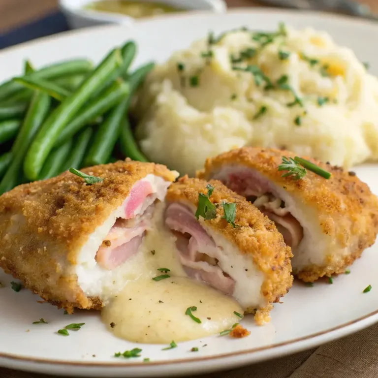 a plate of food with green beans and mashed potatoes