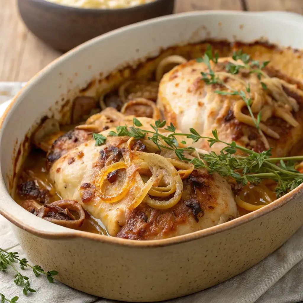 French Onion Chicken Bake in a casserole dish topped with cheese and thyme.