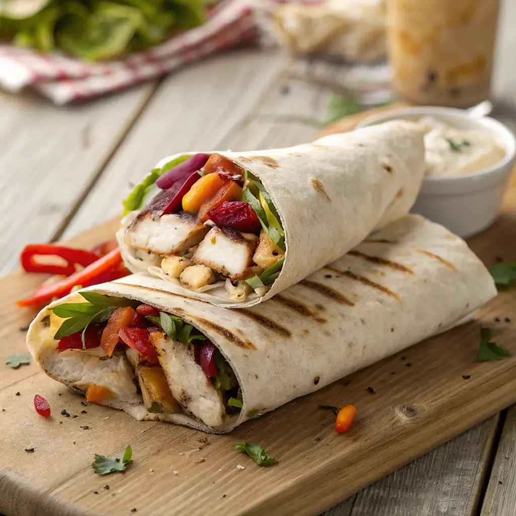 A delicious grilled chicken wrap with fresh ingredients.