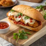chicken parm sandwich with marinara sauce and melted cheese