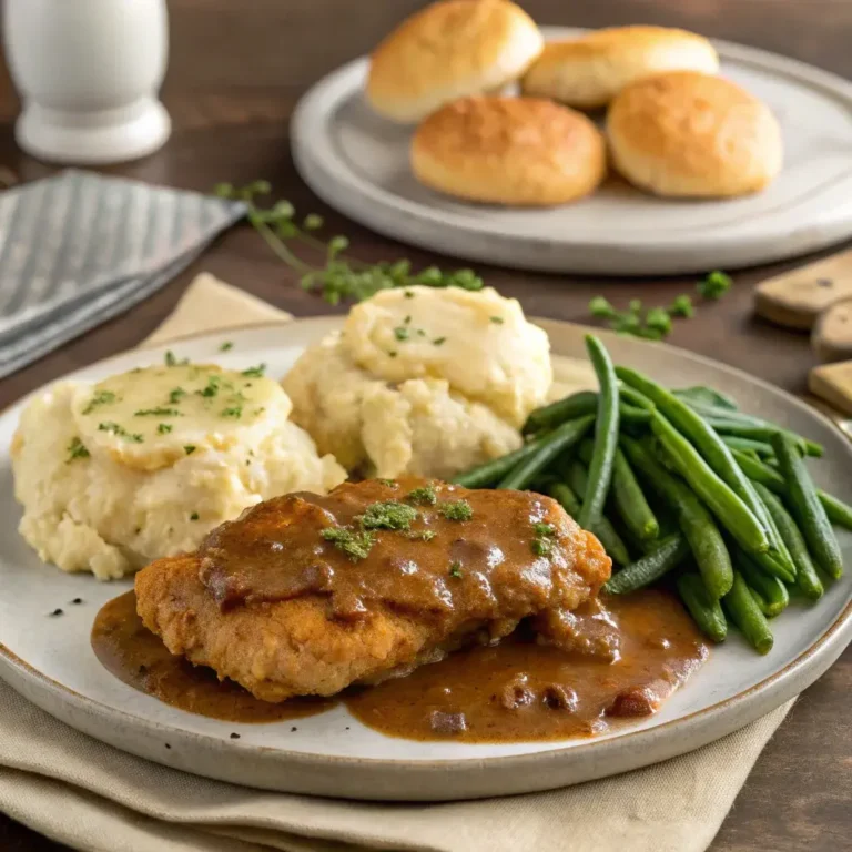 A warm plate of chicken and gravy with classic sides.