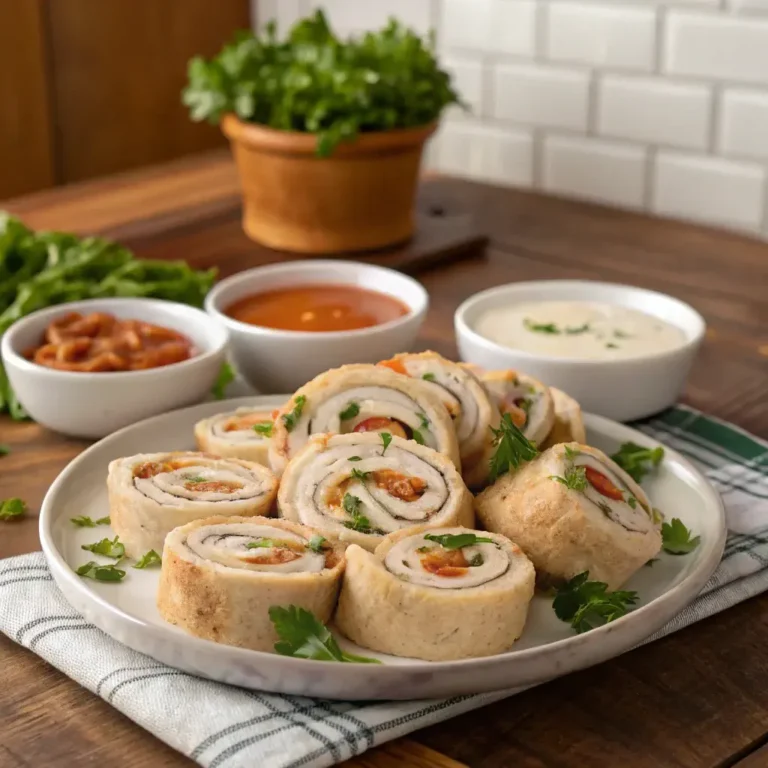 A platter of delicious chicken pinwheels with dips on a rustic table.