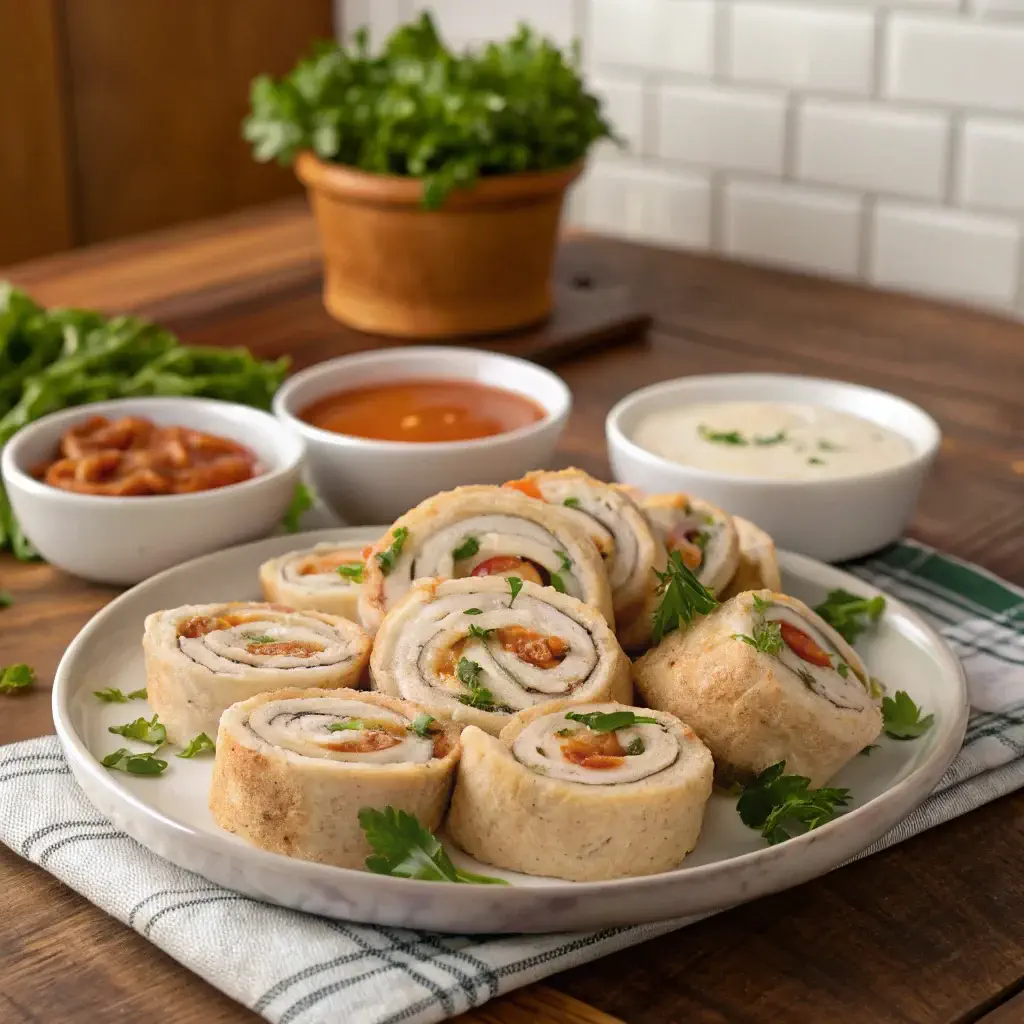 A platter of delicious chicken pinwheels with dips on a rustic table.