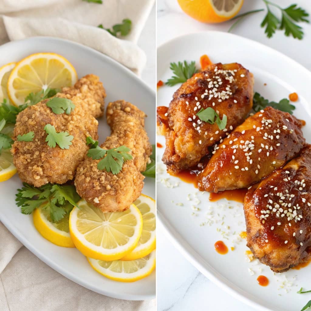 Comparison of baked and fried Orange Marmalade Chicken.