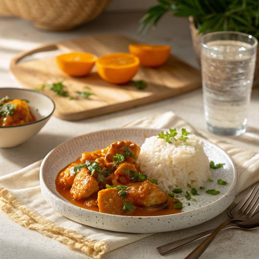 A meal pairing with Orange Marmalade Chicken, rice, and water