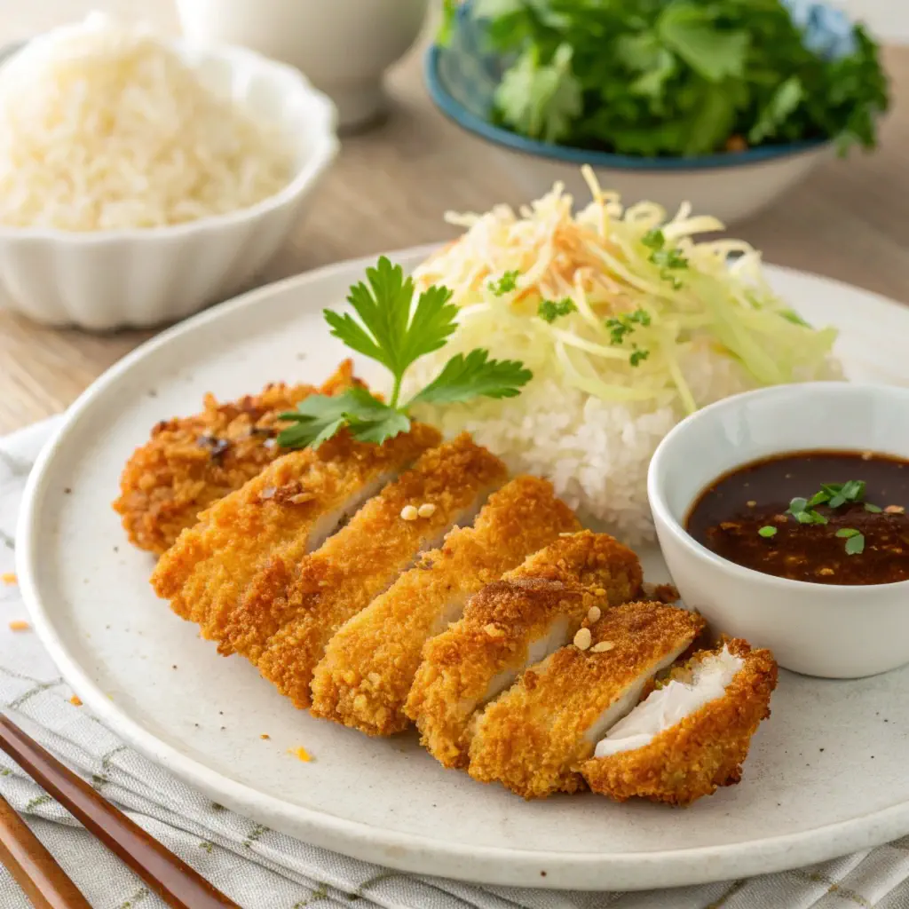 Crispy air fryer chicken katsu served with rice, cabbage, and tonkatsu sauce.