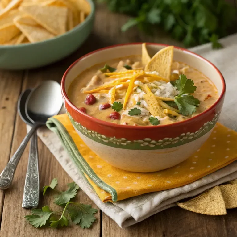 A bowl of creamy chicken taco soup garnished with toppings on a rustic table.