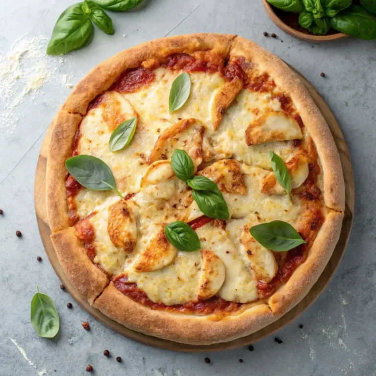 A freshly baked pizza with golden chicken crust topped with cheese and basil.